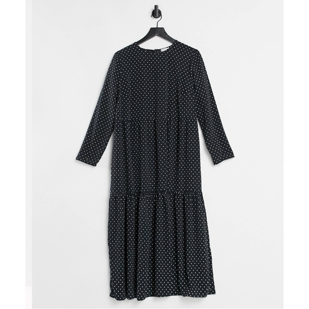 ASOS DESIGN long sleeve tiered smock midi dress in black with nude dots